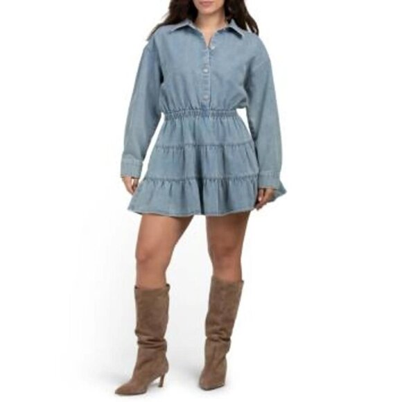 Paige Womens Denim Collared Tiered Mini Dress Long Sleeve Size 0 New With Tag - Picture 1 of 4